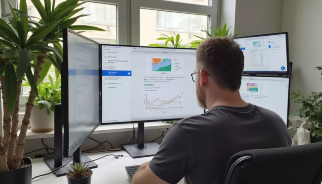 A professional SEO expert working on multiple screens showing Google search results, keyword research, and traffic analytics. Modern office with daylight, plants, and minimalistic style.