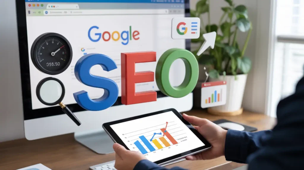 A digital marketing and SEO concept image featuring floating 3D elements against a computer monitor background