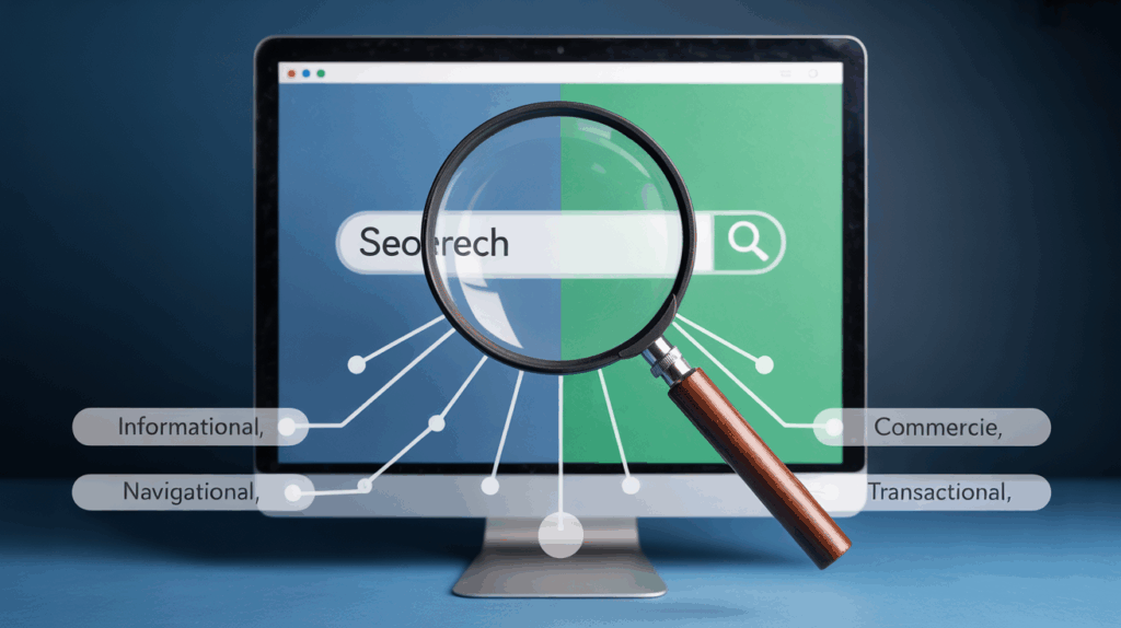 A highly conceptual and professional illustration showing a magnifying glass hovering over a computer screen displaying a search bar.